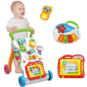 Multifunction Baby Walker Infant Stand-to-Sit Toddler Four Wheels Trolley Kids Learning Walking Toddler Toys Piano Drawing Gift